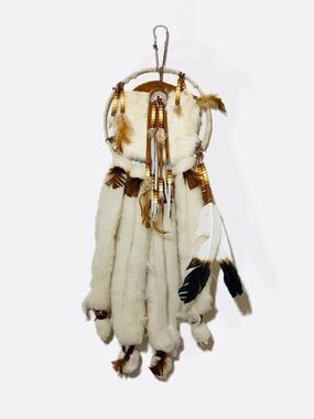 Vintage Native American Mandala Dream Catcher Fur Wool Leather Feathers Beaded